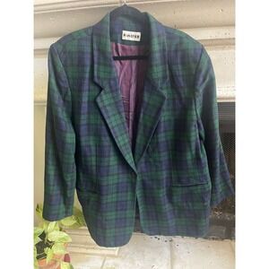 VTG Joan Leslie Women's Coat  US 22 Blue&Green Wool Blend‎ Plaid Preppy Oldmoney